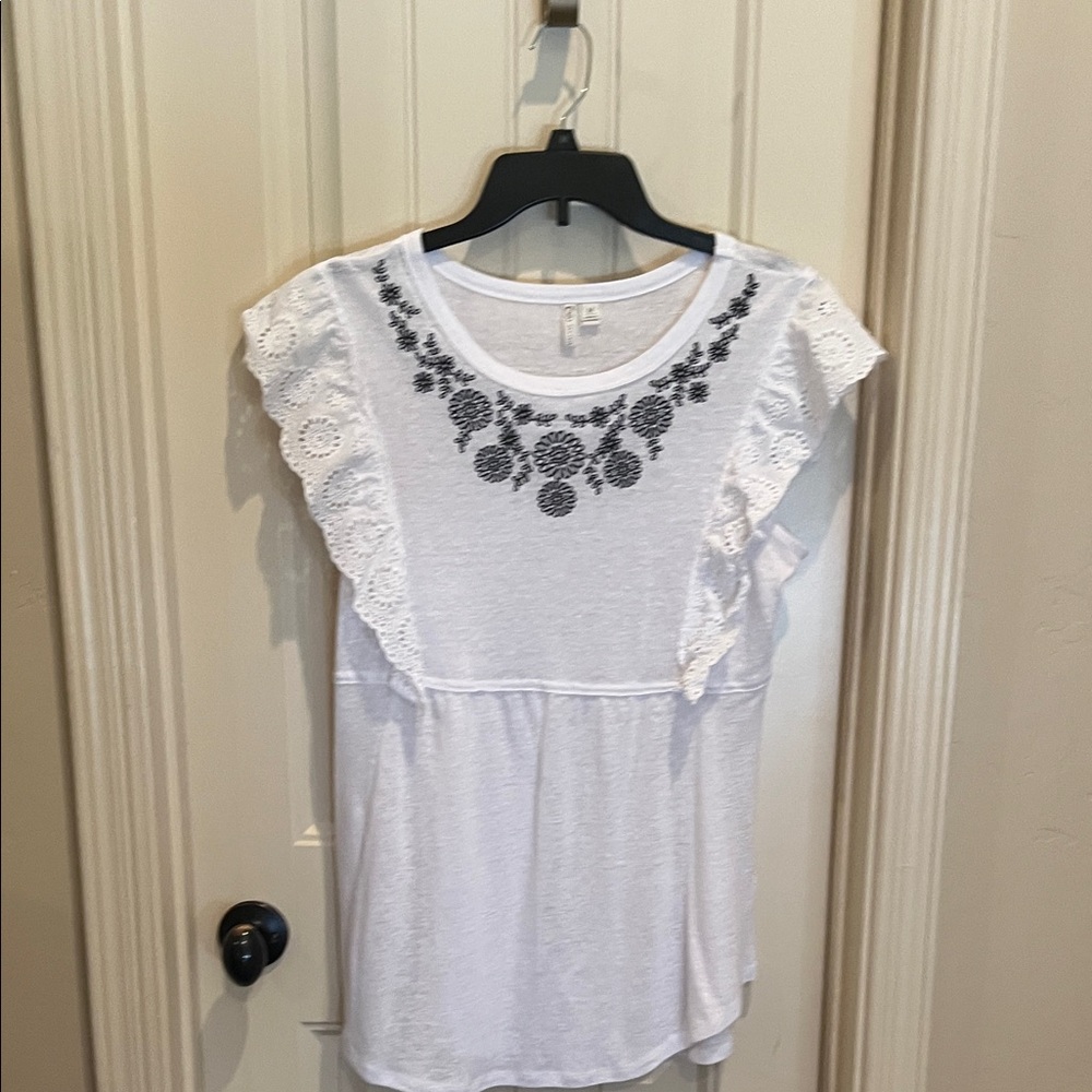 Cato White Top with Black Floral Accents
